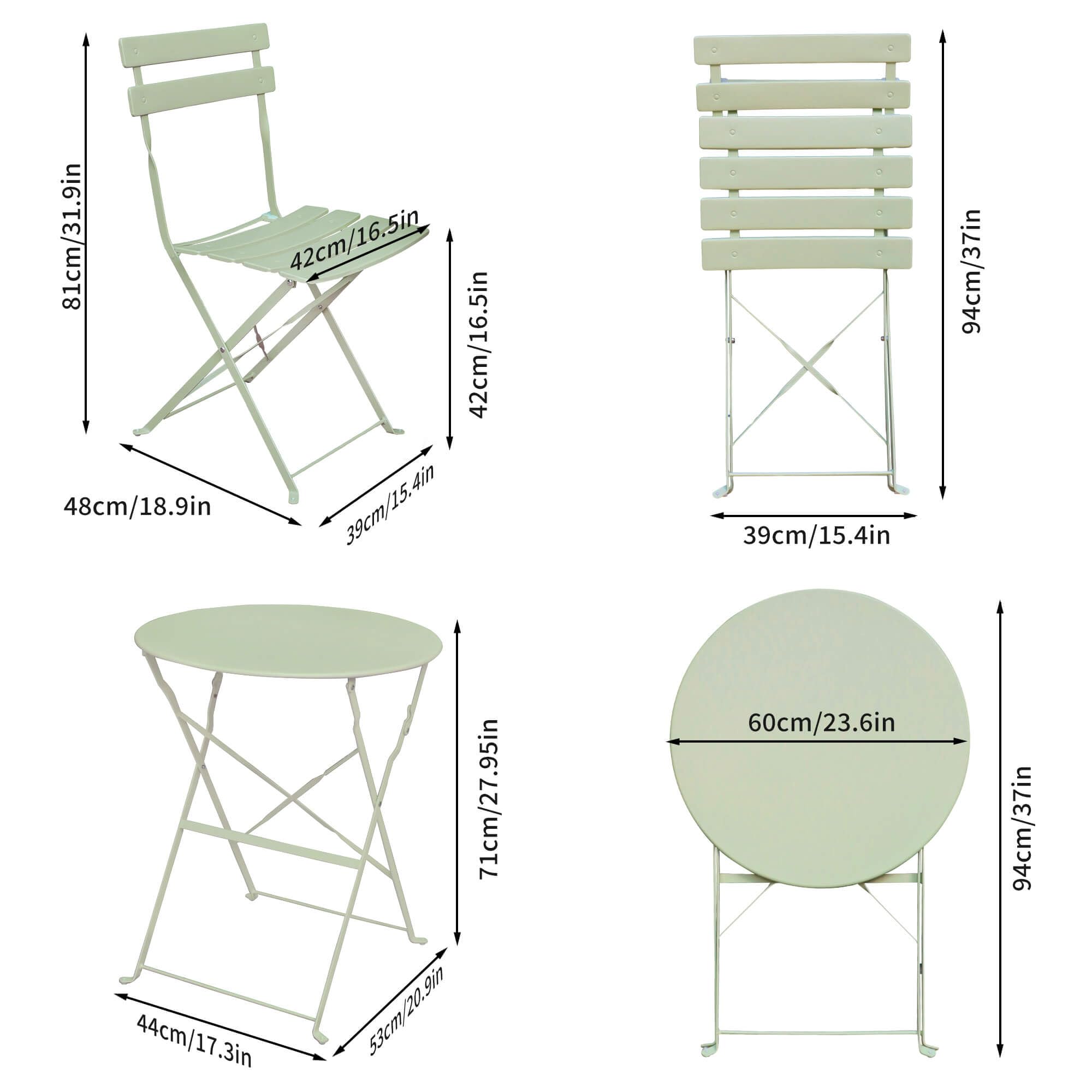 Set Bistro Orion Pour Balcon - 2 Chaises Pliables + 1 Table Ronde En Métal Vert - Salon De Jardin Compact Et Déplaçable