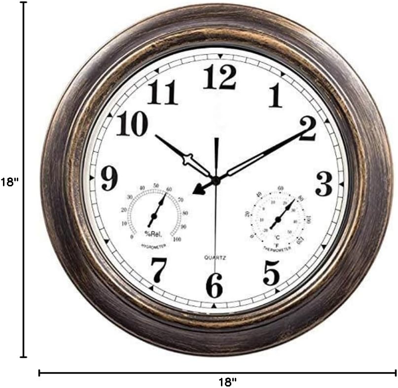 Outdoor Garden Wall Clock, 18 Inch Large Retro Garden Clock with Thermometer and Hygrometer Waterproof Outdoor Clock Indoor Outdoor Decoration Outside Clock Mute Quartz Wall Clock