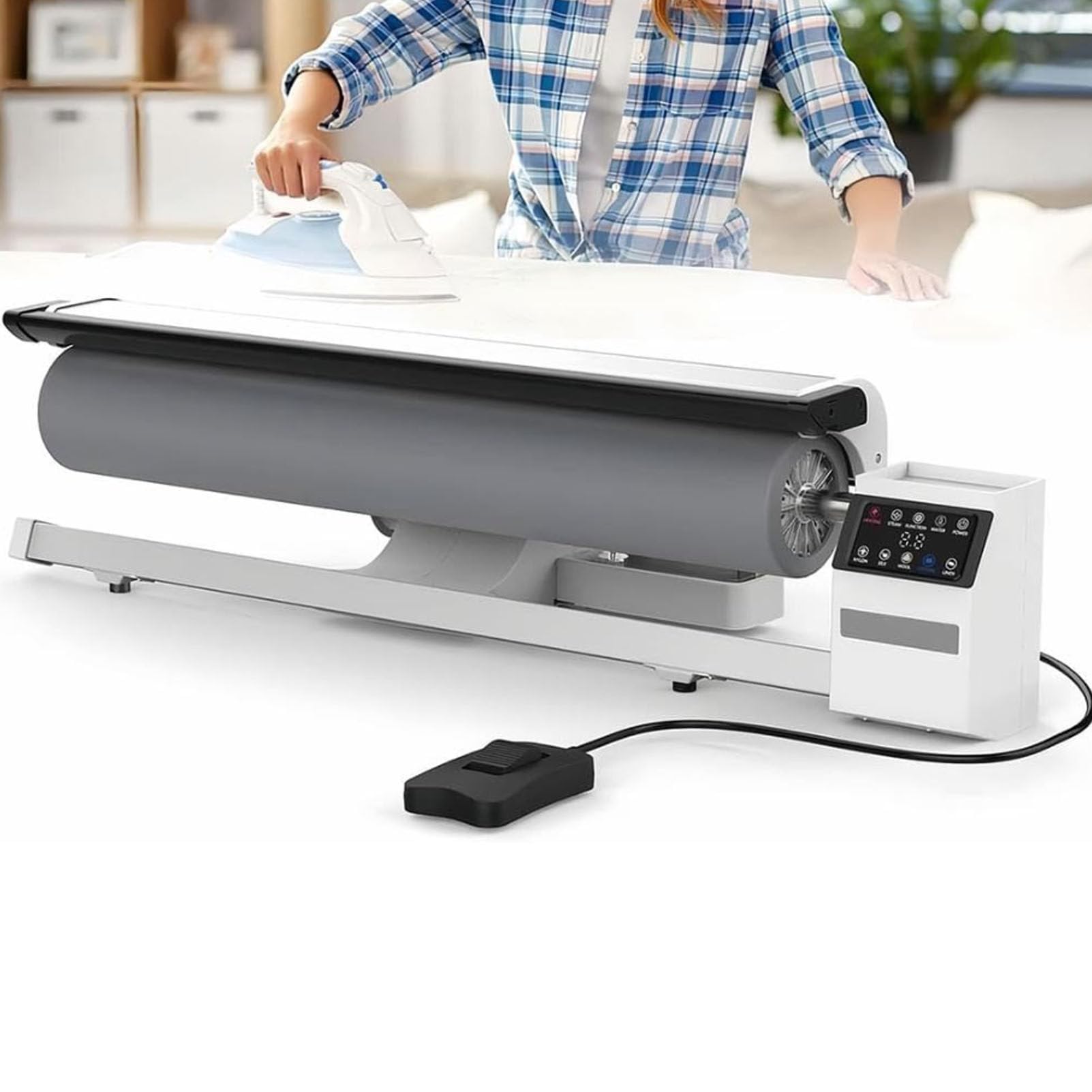 Oiyekntd Rotary Steam Roller Ironer Steam Press Machine with Continuous Steam Output, Home and Commercial Use Foot Pedal Control and High-Pressure Heated Plate, for Flat Fabrics