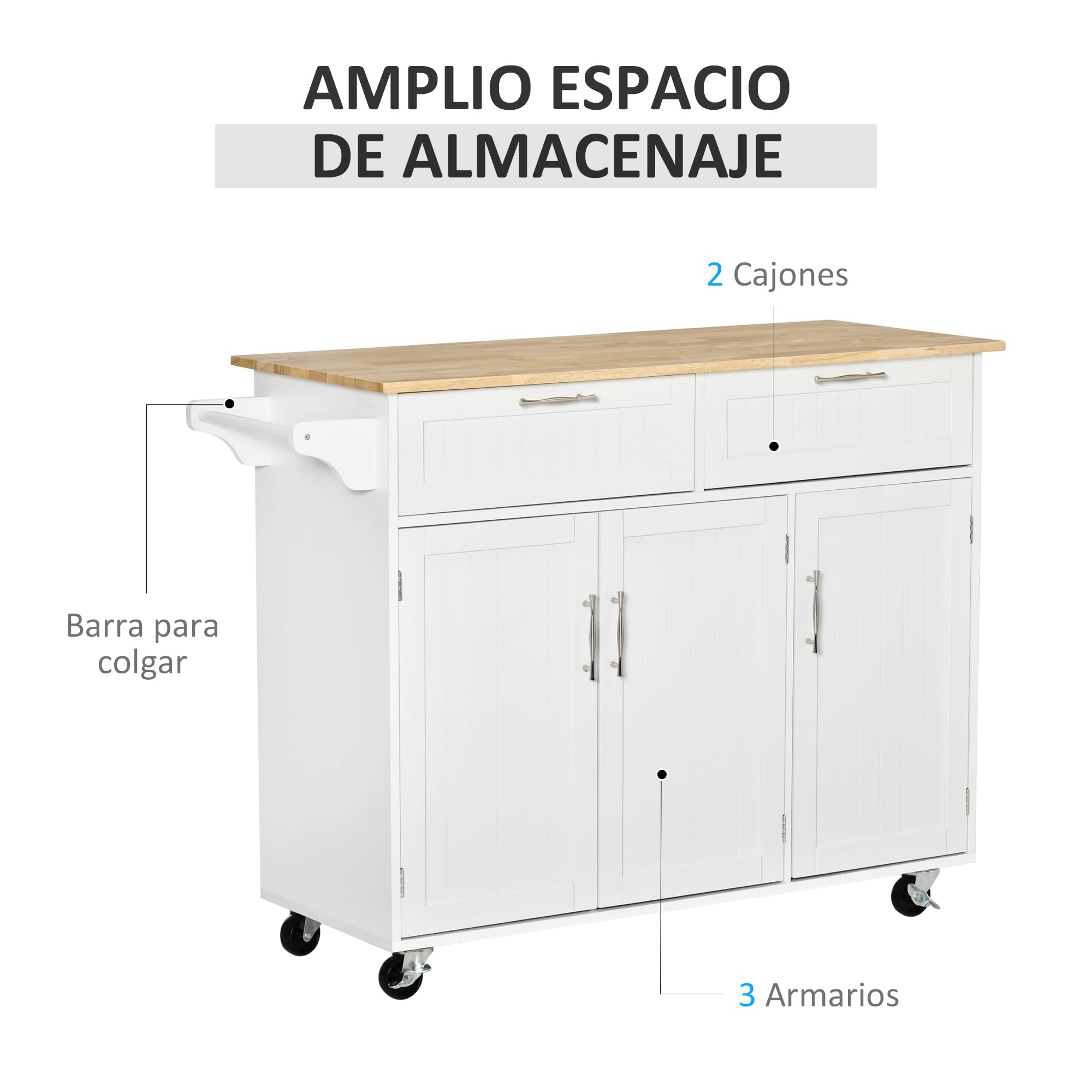 HOMCOM Isla de Cocina con Ruedas Carro de Cocina Mueble Auxiliar de Cocina con 2 Cajones 3 Puertas y Barra Lateral para Comedor 121x46x91 cm Roble y Blanco