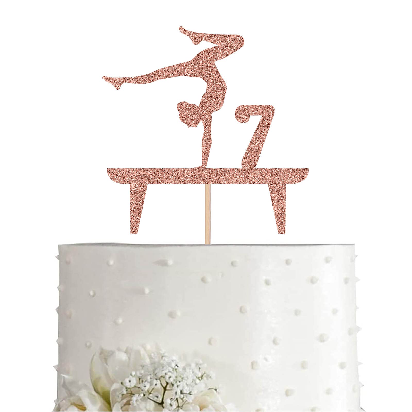 Rose Gymnastic 7 Cake Topper, Girl Rose Gold Glitter Gymnast 7th Birthday Party Decoration