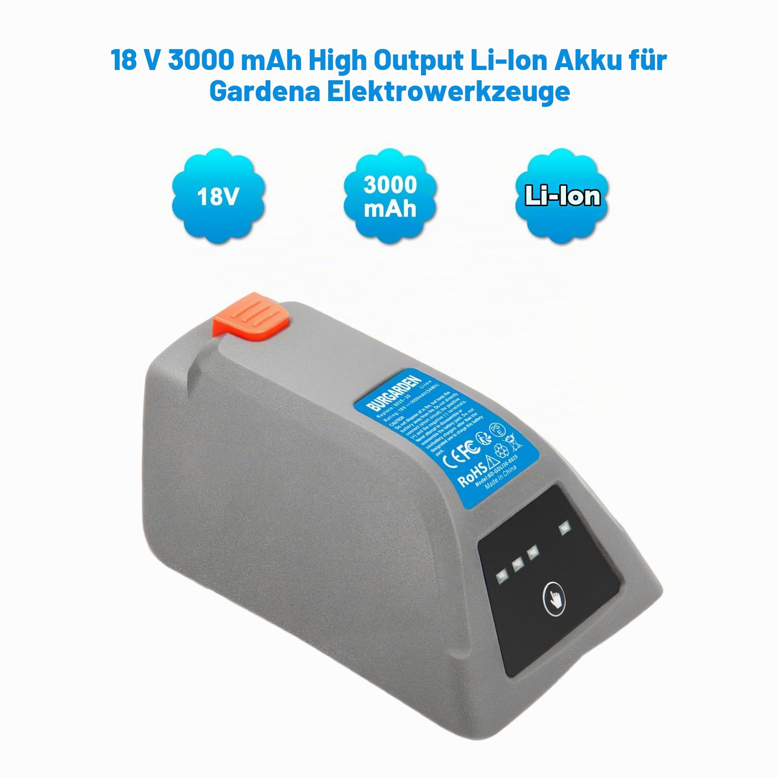 18V 3000mAh Li-Ion Ersatzakku für Gardena 008A231 Wand-Schlauchtrommel