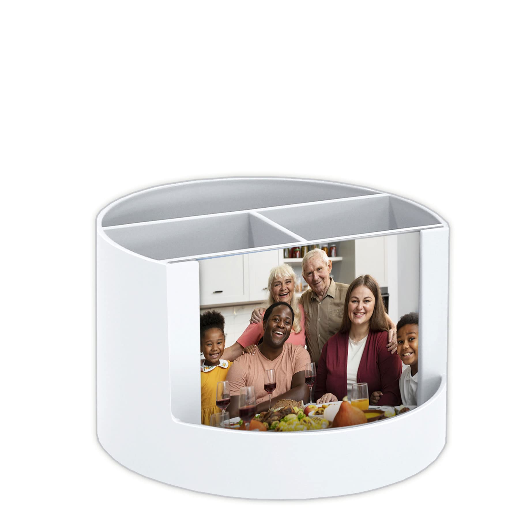 Acrimet Compact Desktop Organizer, 4 Spacious Slots, Round Pencil and Accessories Holder with Photo Slot, Ideal for Office, Art Supplies, Vanity Storage, and Home Organization (White Plastic)