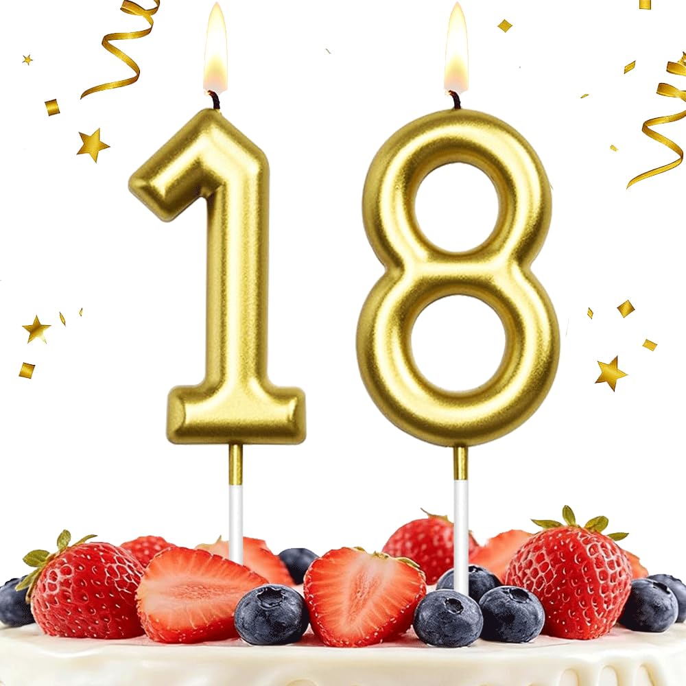 Hlwgfjdy Gold 18Th Birthday Candles Number 18 Cake Topper Happy Birthday Cake Decorations For 18Th Birthday Party, Candles For Birthday Anniversary Celebration Party Supplies（Large Size）