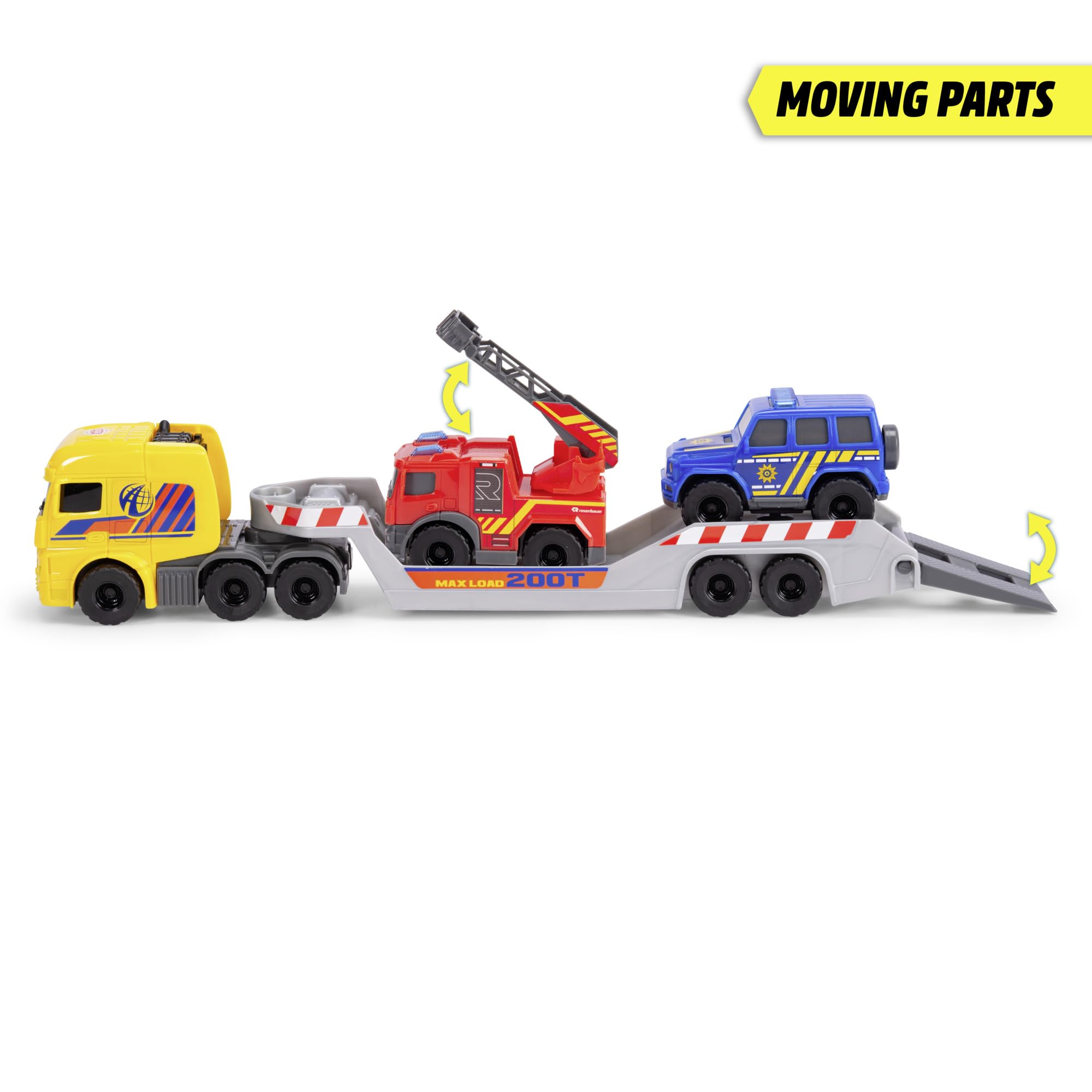 Dickie Toys 203715020 SOS Mini Laweta i 2 pojazdy na licencji Mercedes-Benz policja i straż pożarna, długość lawety 32 cm, pojazdów 9 cm, odczepiana przyczepa.