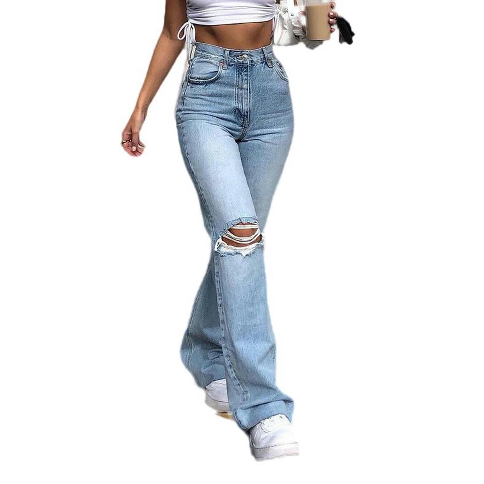 Pantaloni in Denim a Gamba Larga Jeans Bootcut Strappati - Nero e Grigio - M