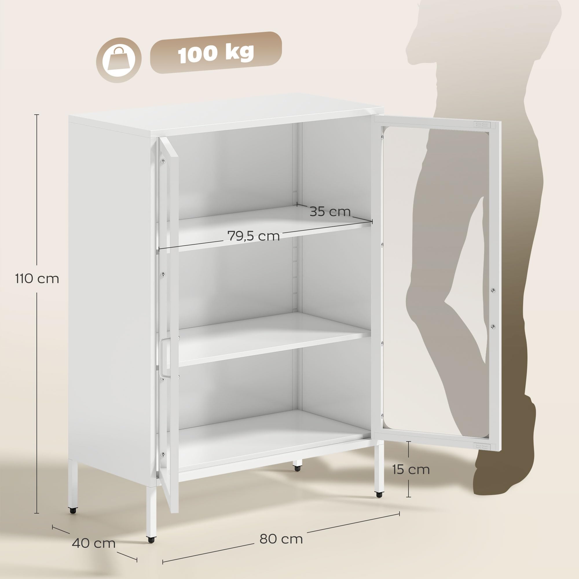 HOMCOM Armoire de Bureau à 3 Niveaux avec 2 Portes en Verre, Meuble de Rangement Bureau en Acier avec 2 étagères réglables, Armoire à dossiers pour Documents et Papeterie, 80 x 40 x 110 cm, Blanc