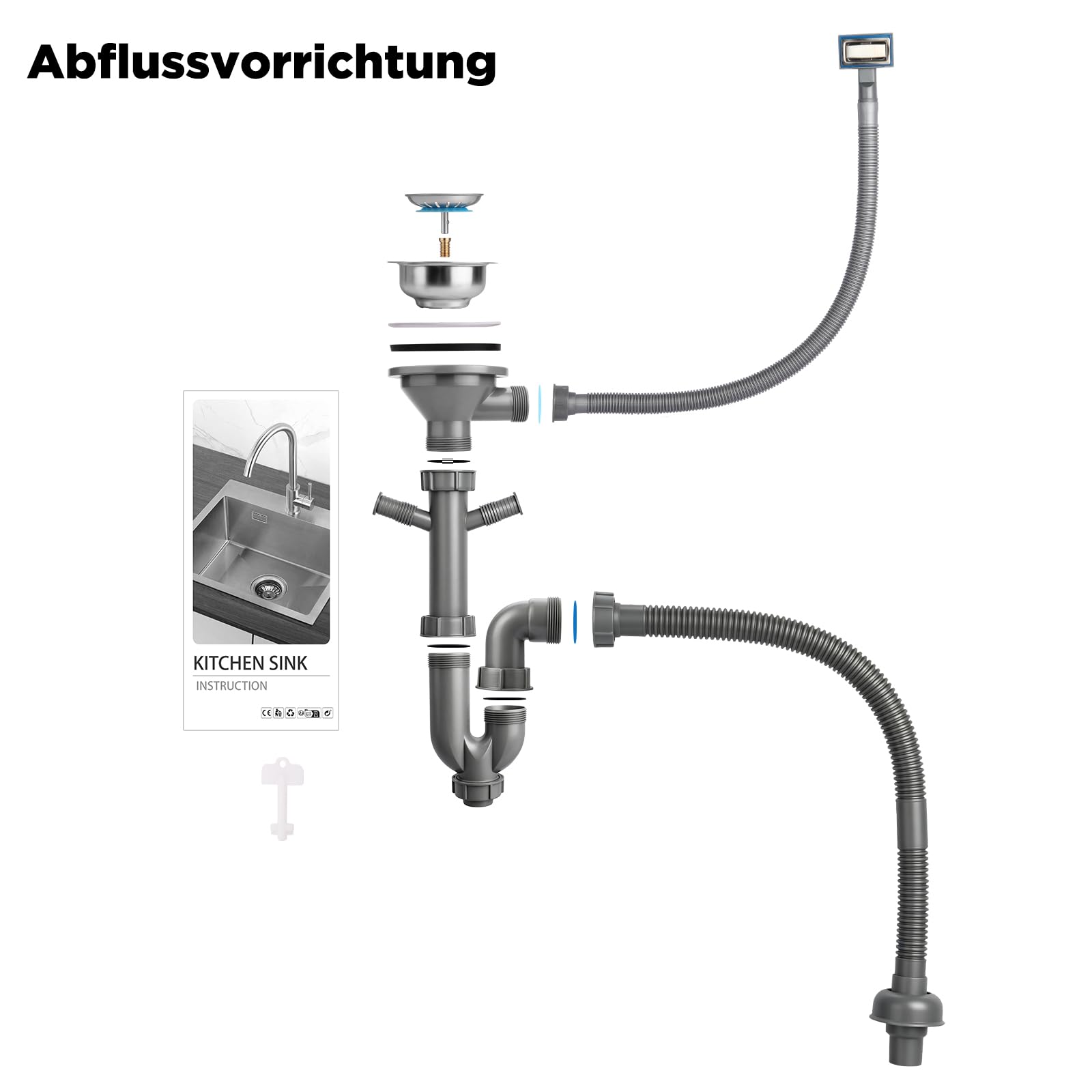 Modernes Spülbecken 45x40 cm, 1 Becken, Schwarze Küchenspüle, Edelstahl, 2 Wasserhahnlöcher, Überlauf