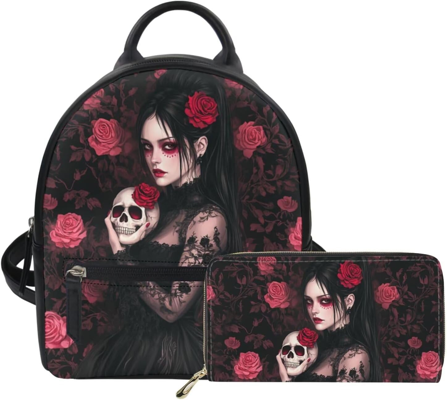 Purple Moon Crow Backpack Purse Set for Women Teen Girls Goth Backpack Wallet Set for Work College Vintage Mini Back Packs with Zipper Travel Shoulder Bag Purses Set of 2 Pcs