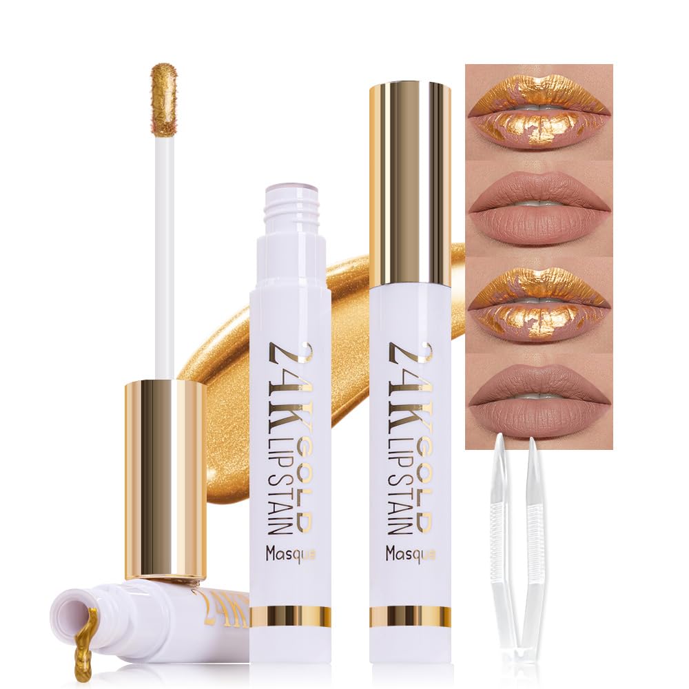 2Pcs 2025 New 24K Gold Liquid Lip Gloss Peel Off Lip Stain Tattoo with Tweezer, Lip...