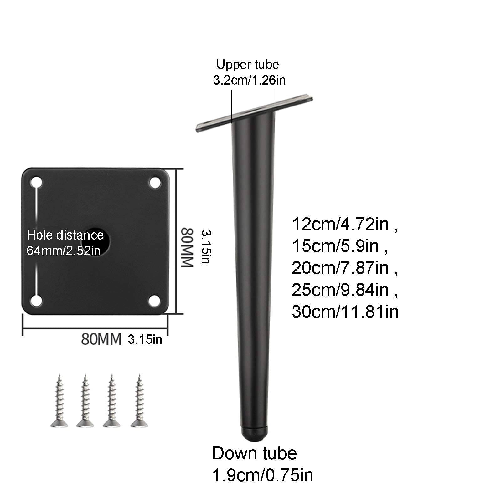 RWRAPS Gambe per mobili in Metallo Piedini per mobili Piede per Divano in Ferro Piedini di Supporto Conici Dritti, con Viti, Confezione da 4, Nero (Oro Nero 30 cm/11,81 Pollici)