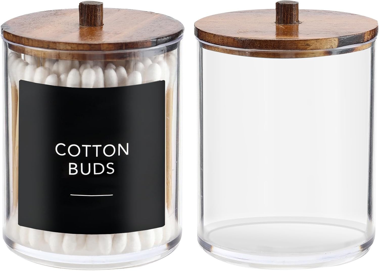 Temoyj 2 Pack Qtip Holder Dispenser with Wood Lids - 10 oz Clear Plastic Apothecary Jar Containers for Vanity Makeup Organizer Storage - Bathroom Accessories Set for Cotton Swab,Pads, Ball, Floss