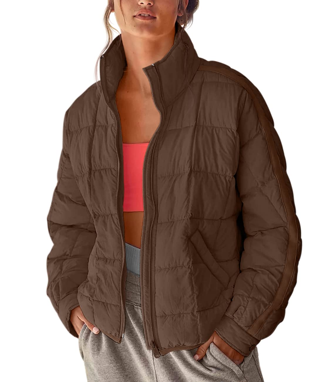 Aiopr Women's Oversized Lightweight Down Coat Long Sleeve Zip Packable Short Puffer Jackets