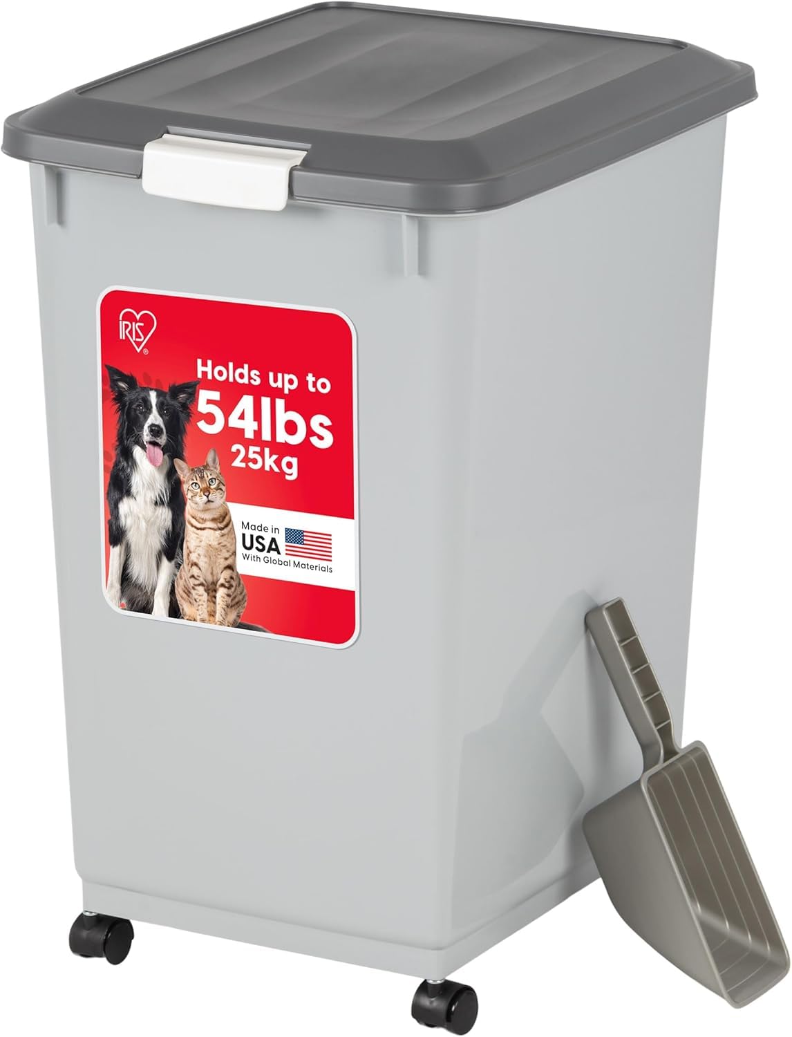 Photo 1 of ***NO LID***IRIS USA Dog Food Storage Container with Wheels, Airtight Lid, 2-Cup Scoop, Up to 54 Pounds Pet Food Storage, Built in Scoop Storage in Lid, Versatile Pet Food Bin, Portable, BPA Free, Gray/Dark Gray***NO LID***