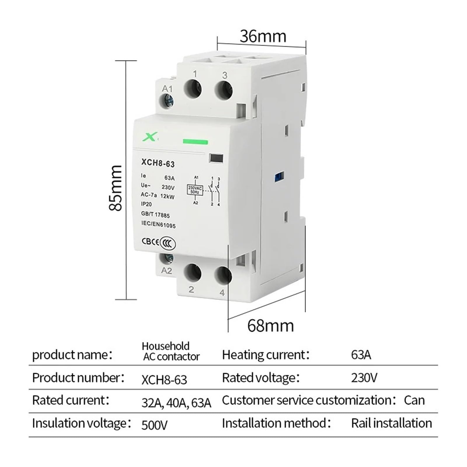 1 szt. 1 szt. AC Modułowy stycznik do domu Szyna Din 2P 32A/40A/63A 220V