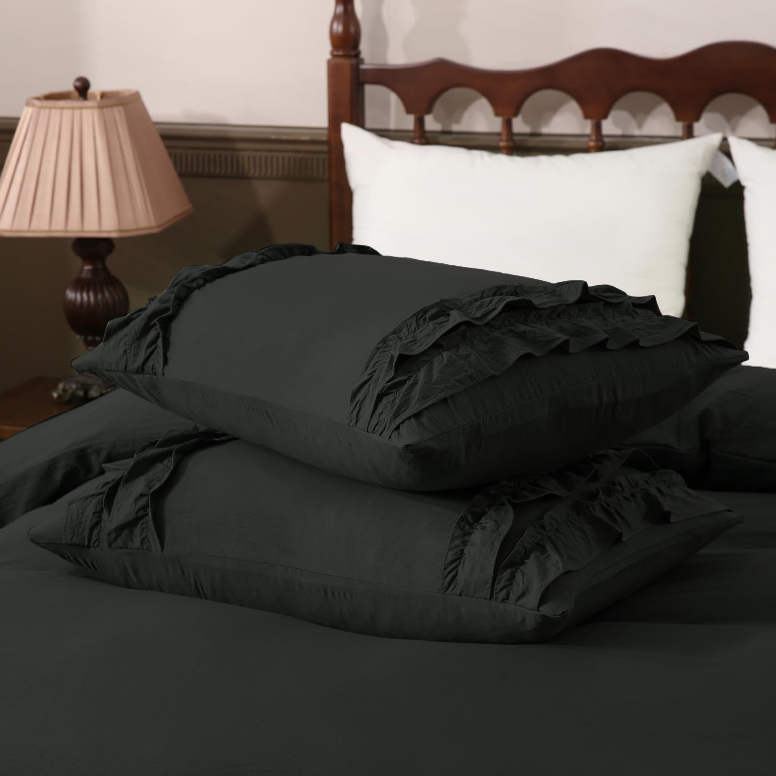 Herside Ruffled Bedding Set Super King Solid Black Duvet Cover Set Luxury Cute Bedding Cover Home Decor Reversible Easy Care Bedding Sets for Girls Adult - Image 4