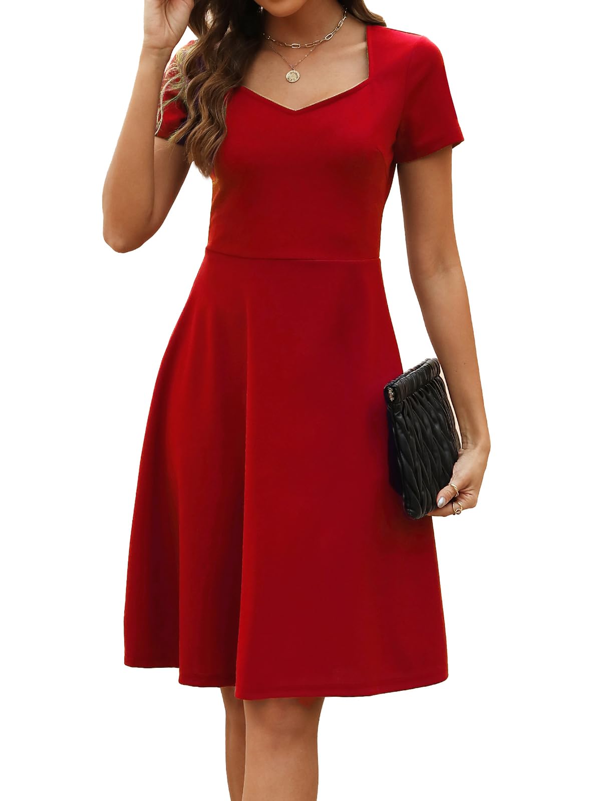 Photo 1 of Work Dress for Women Elegant Sweetheart Neckline Short Sleeve Cocktail Party A-Line Knee Length Dresses D163 Red XXL