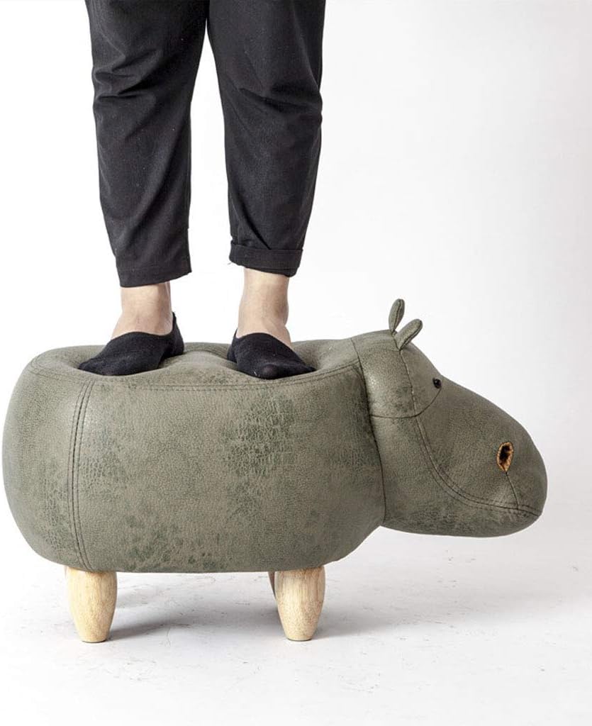 Solid Wood Animal Leather Stool Ottoman Creative & Cute Stool for Kids Toy Chest Chair for Children Footstool 4 Legs (Hippo)