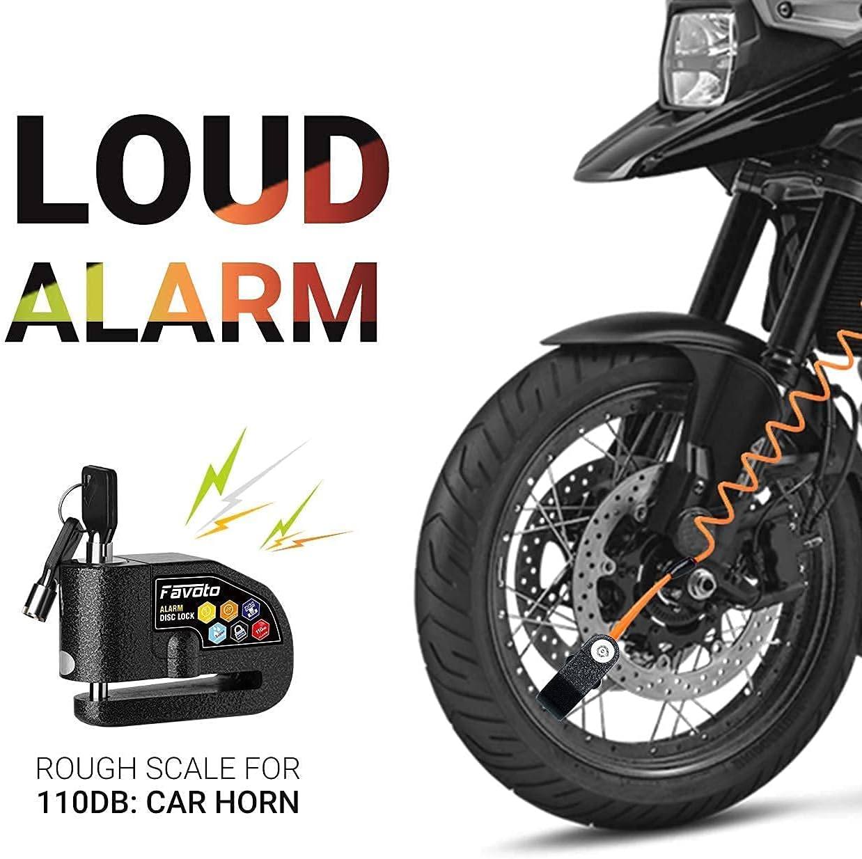 Favoto Motorcycle Cover 108" All Season with Night Reflective Stripes + Favoto Disc Lock Alarm for Motorcycle e-Bike Bicycle Scooter