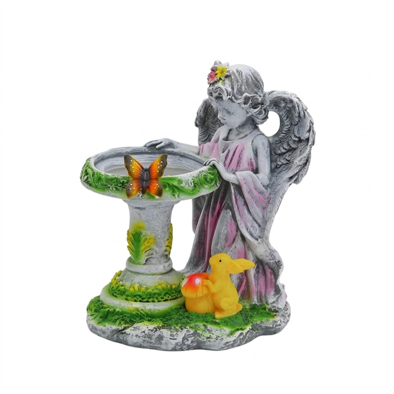 Statua Angelo da Esterno Statua Scultura Ornamento Lampada Solare in Resina con Catino Decorativo E Dettagli Floreali Luce Soffusa Resistente Alle