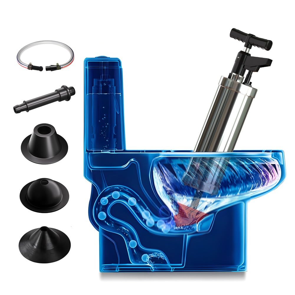 Desatascador Tuberias a Presion con Aire Comprimido, Desatascador Inodoro con 4 Cabezas de Pistón, Desatascador Tuberias Profesional, para Inodoro, Lavabo, Bañera, Rojo