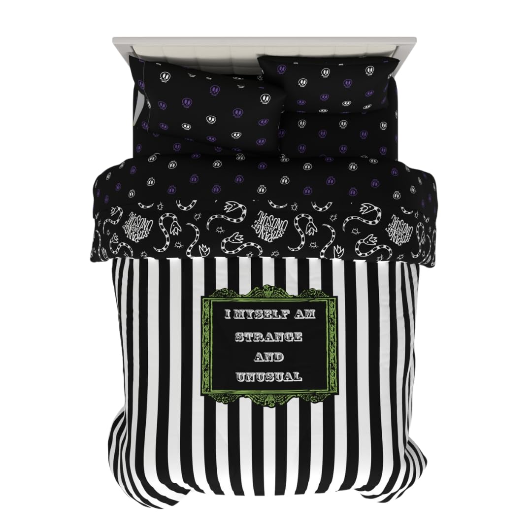 Franco Collectibles Beetlejuice Striped Bedding 5 Piece Super Soft Comforter and Sheet Set, Full, (Officially Licensed Product)