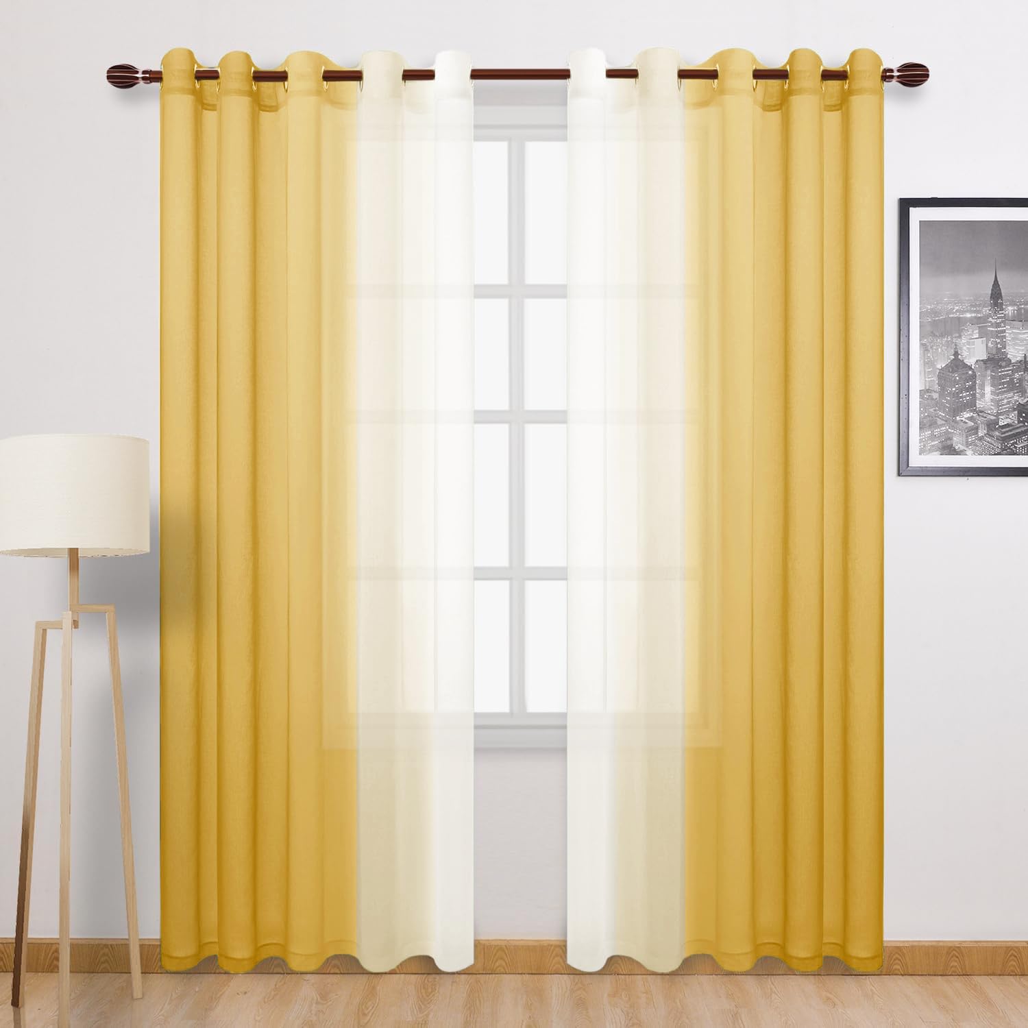 DWCN Ombre Sheer Curtains - 84 inches Faux Linen Semi Voile Gradient Light-Filtering Bedroom and Living Room Curtains, Set of 2 Grommet Top Window Drape Panels, 60 x 84 Inch Length, Mustard Yellow