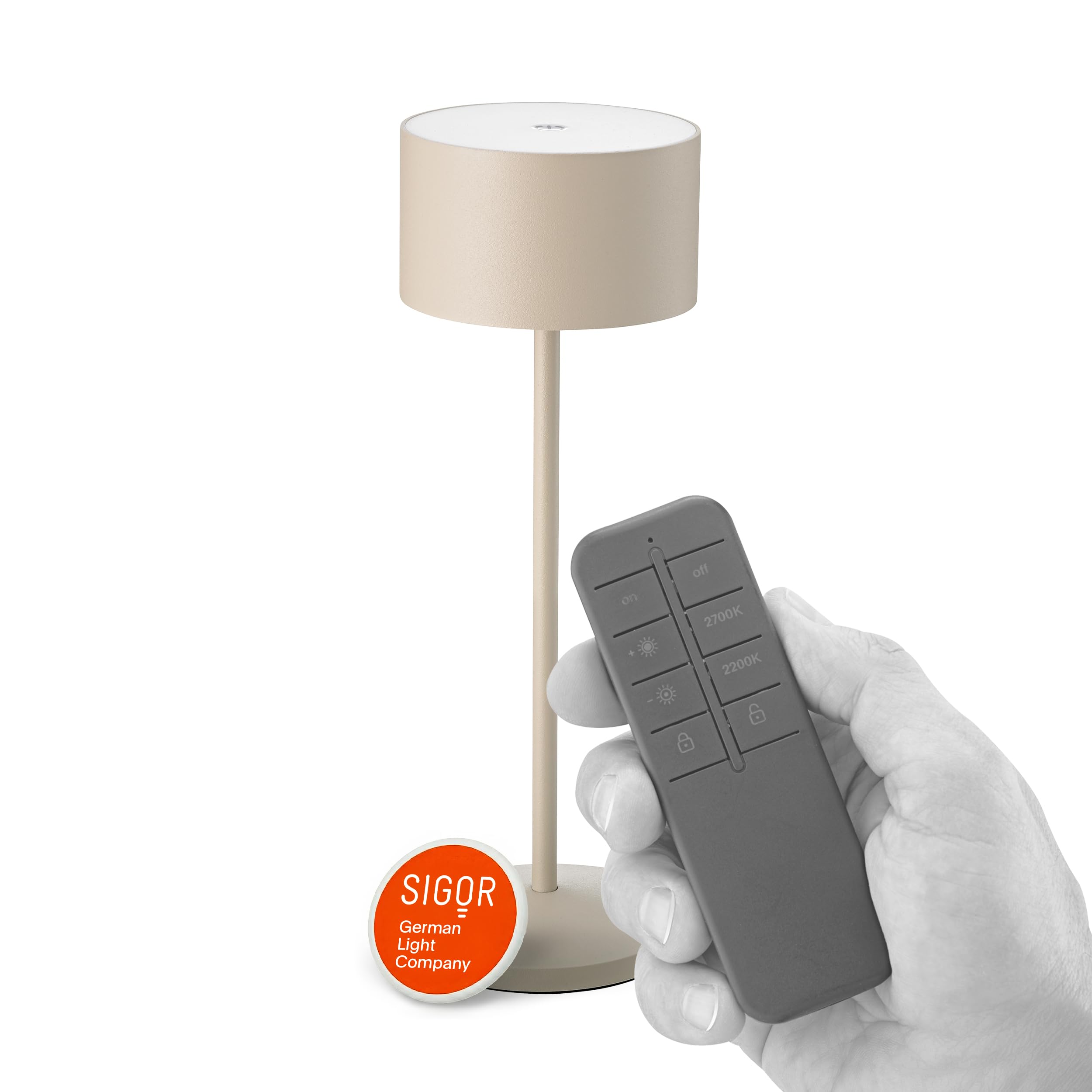 SIGOR Veluna Remote dünenbeige - LED Akku-Tischlampe dimmbar & kabellos mit Fernbedienungsfunktion, FlexMood (2200K/2700K), bis 14h Leuchtdauer, USB-C Ladefunktion, IP44 Outdoor & Indoor