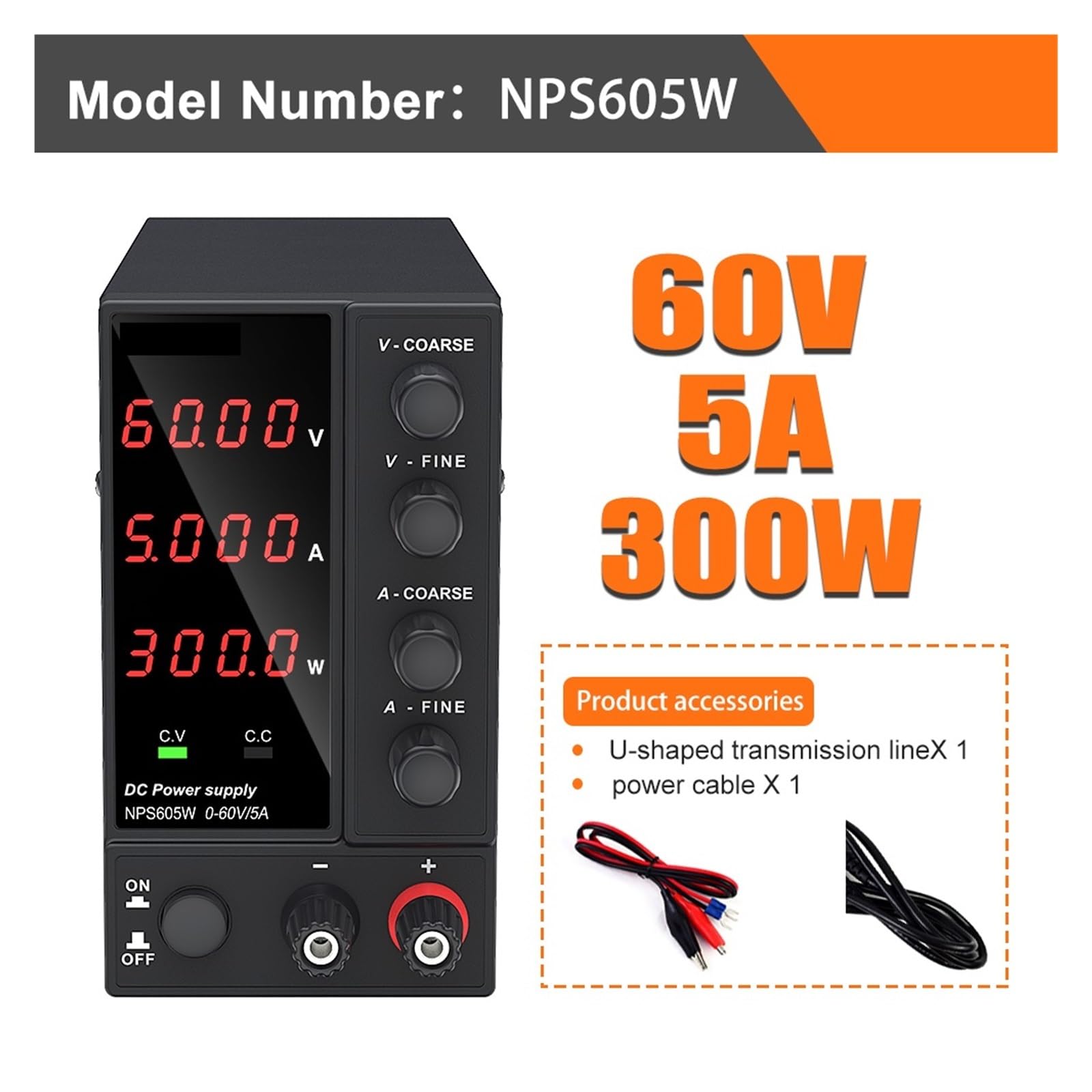 Fuente de alimentación de CC de Laboratorio Ajustable Variable de 30 V 10 A Fuente de alimentación de Laboratorio de 60 V 5 A Regulador estabilizador Alta Estabilidad(4 Digits 60V 5A)