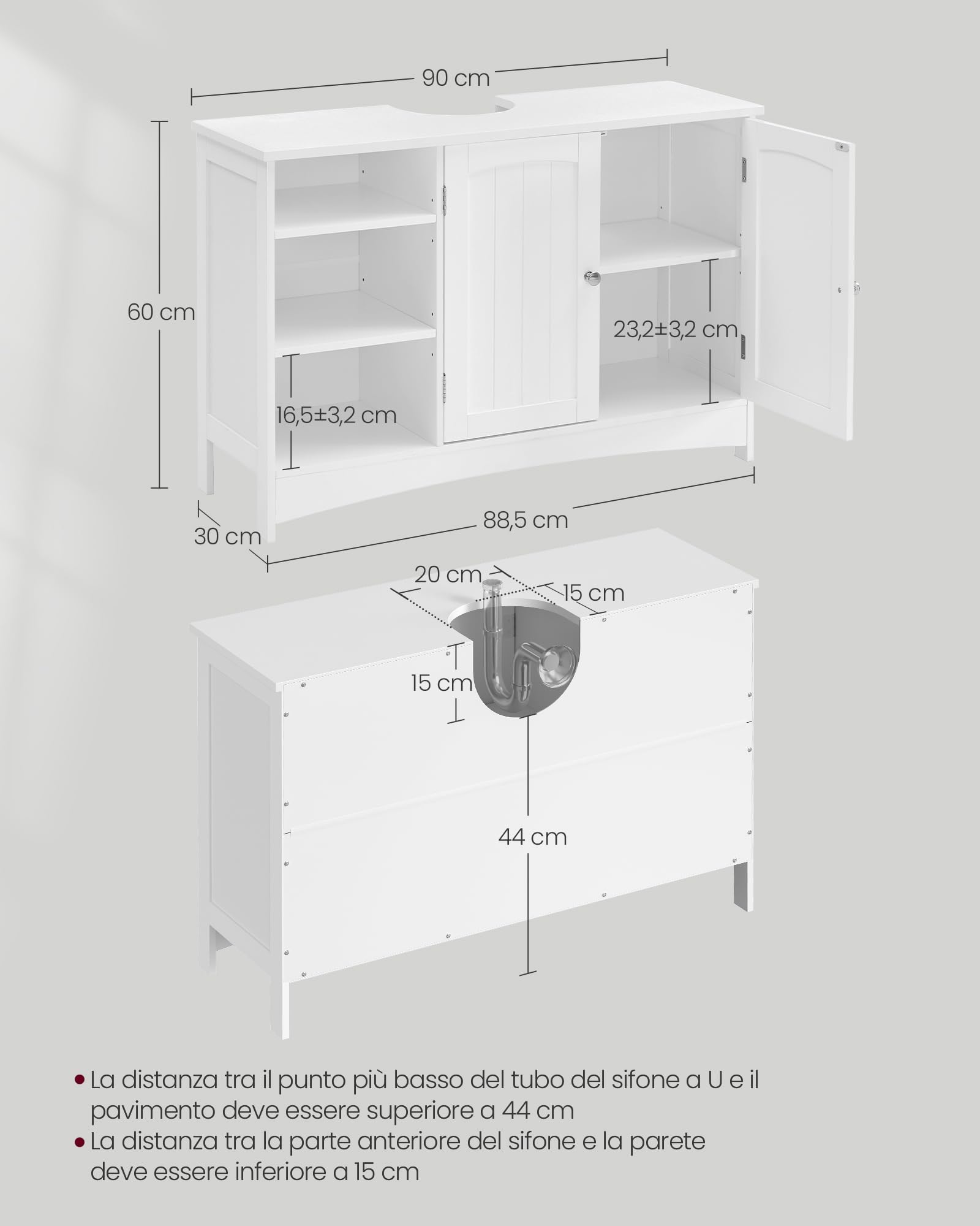 VASAGLE Mobile Sottolavabo, Mobiletto da Bagno, Extra Lungo, 30 x 90 x 60 cm, Armadietto da Bagno con Anta Doppia e Scaffale Aperto, Ripiani Regolabili, Bianco BBC410P31