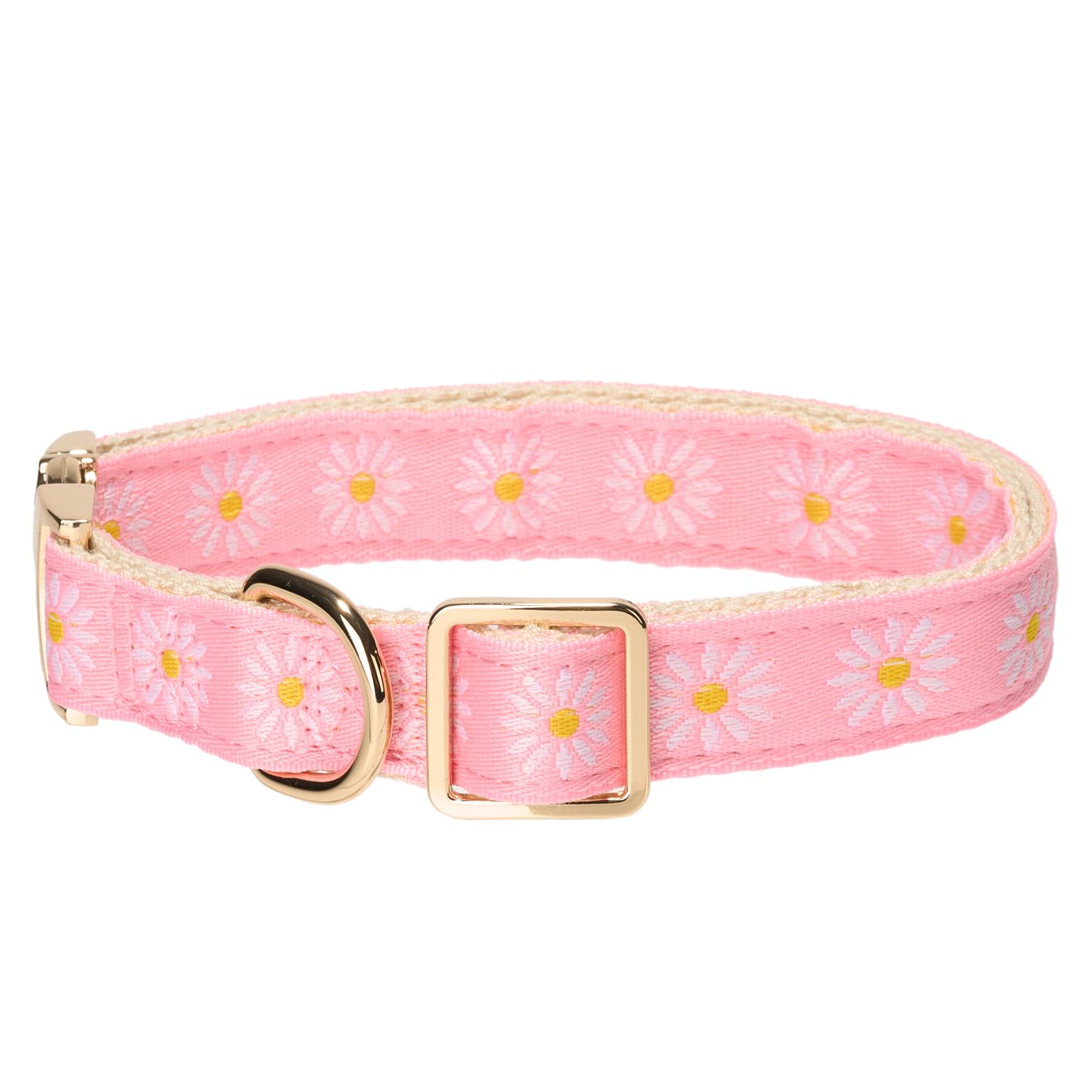 Trendy Jacquard Webbing Daisy Pattern Pink Dog Collar with Soft Natural Cotton Padding and Gold Metal Buckle - Image 2