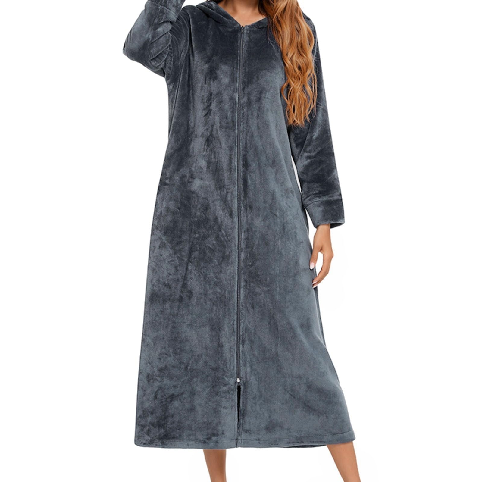 Generisch Peignoir en flanelle à manches longues avec fermeture éclair pour femme, vêtement de nuit chaud pour l'hiver (gris, XXL)