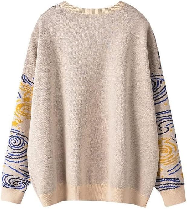 Women's Long Sleeve Crew Neck Sweatshirt Knit Pullover Casual Van Gogh Cartoon Sweater - Image 3