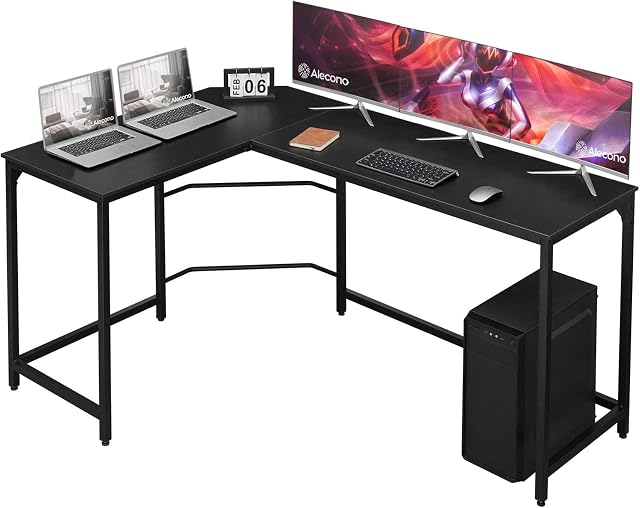 Alecono L shaped Desk Corner Desk Large 156 * 108 * 75CM Sturdy Home office Computer PC Workstation Study Writing Table Easy to Assemble Modern Design, Black
