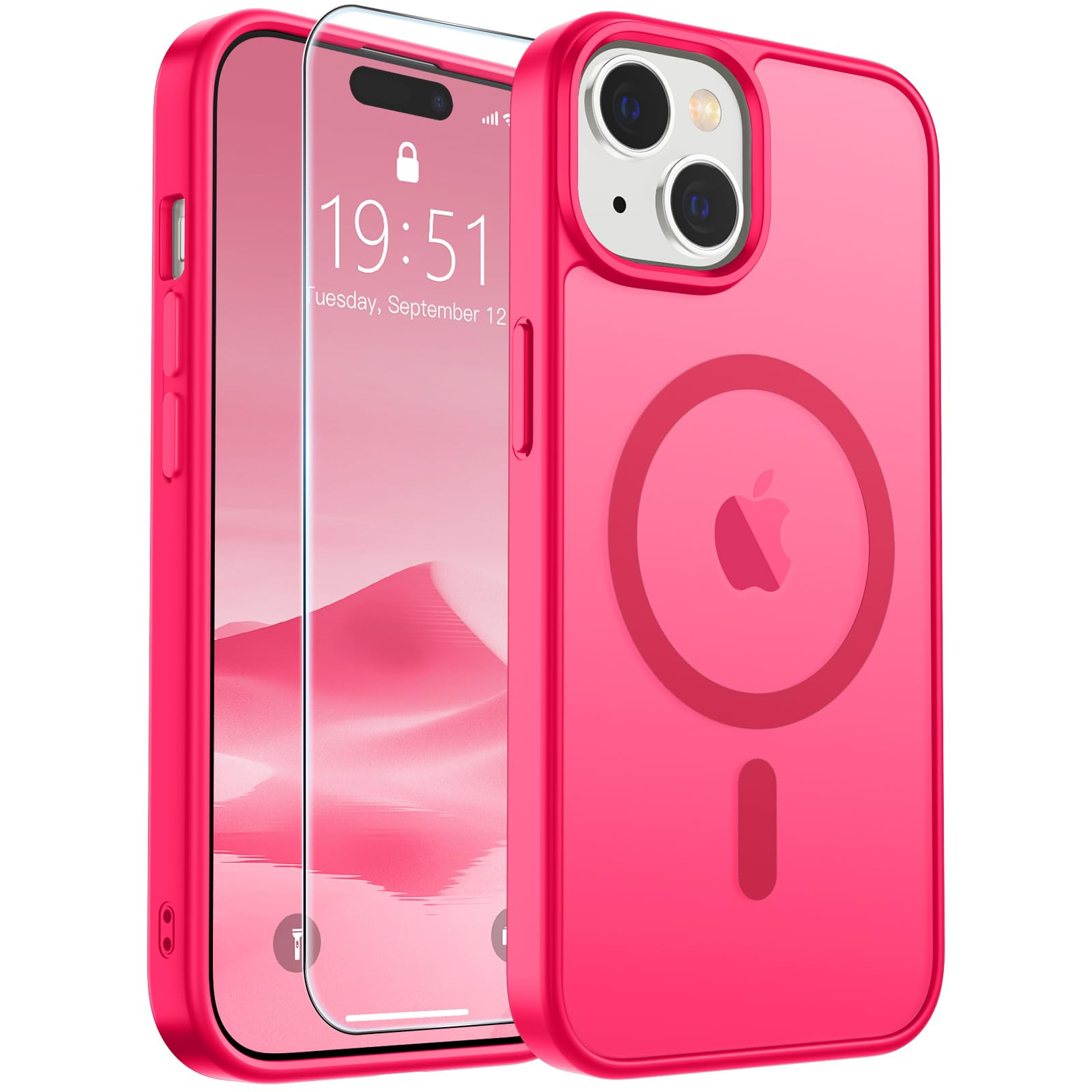 SUPFINE Magnetic for iPhone 15 Case Hot Pink | With Screen Protector, Translucent Matte, Compatible with MagSafe, Military Grade Drop Proof, Rugged Shockproof Protective