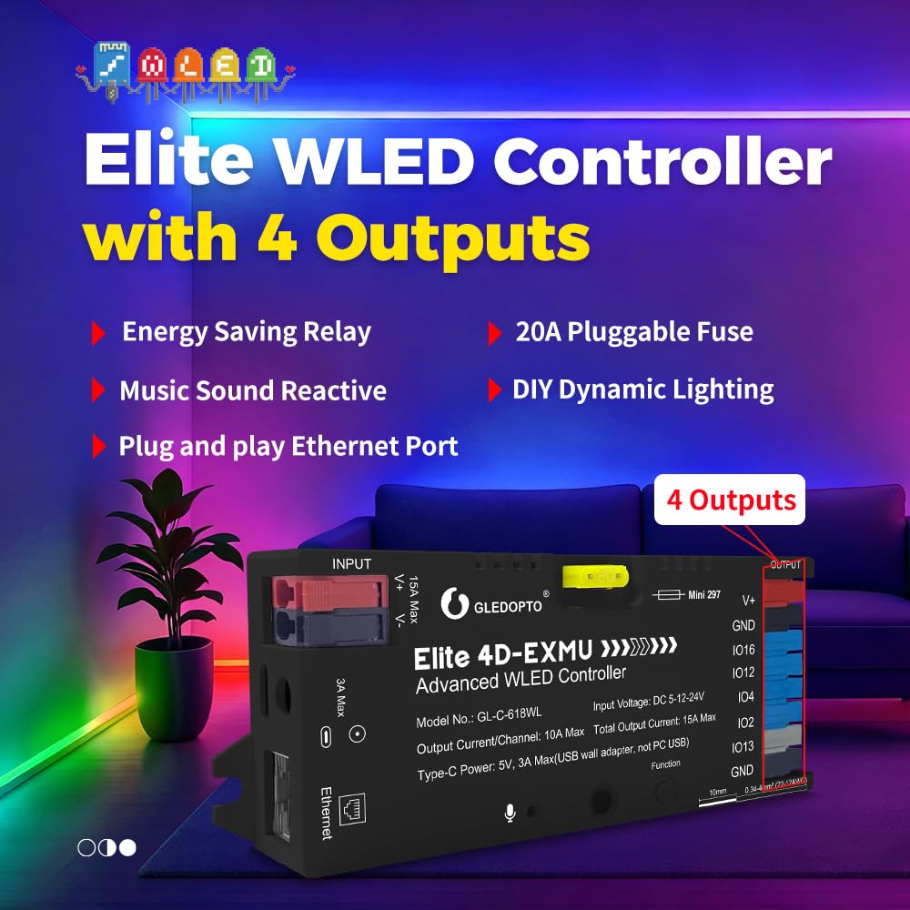GLEDOPTO Contrôleur LED Avancé 4 Canaux, WiFi/Ethernet - 15A Max, avec Micro Audio et Relais - Compatible WLED pour Bandes LED RGB ICs WS2812B/WS2815 (Noir)