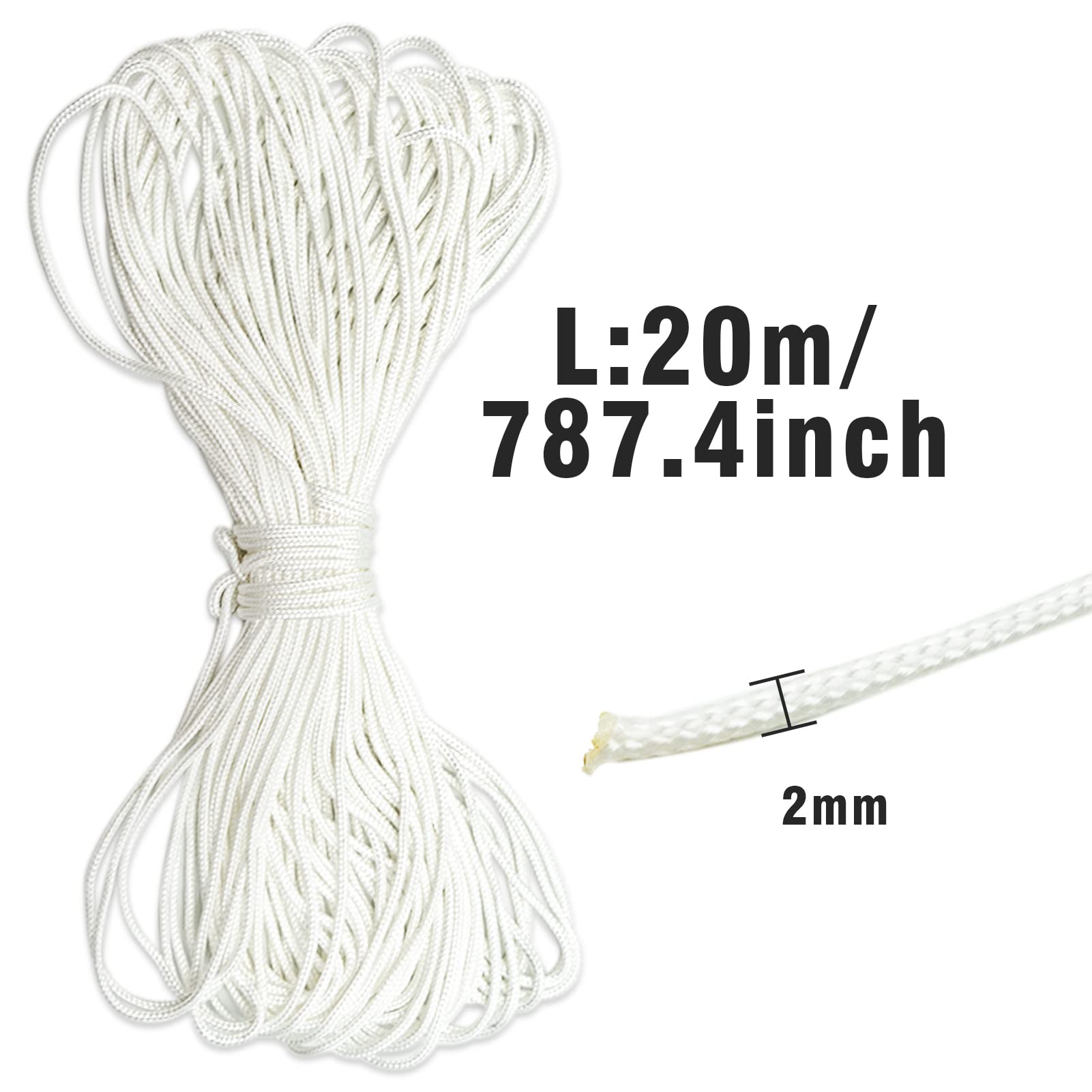 Sznurek do rolet rzymskich 2 mm, 20 metrów, biały, pleciony sznurek, biały sznurek, do podnoszenia, do obrazu, do zawieszenia, nylonowy, pleciony sznurek, do zawieszenia rolet, 20 m