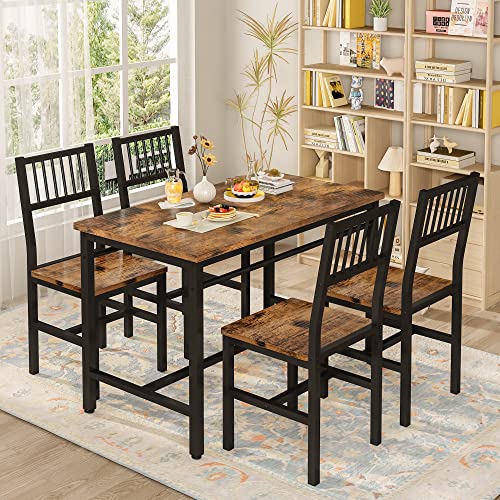 Awqm Dining Table Set For 4, Industrial 47.2" Kitchen Table And Chairs For 4, 5 Piece Dining Room Table Set With Curved Chairs, Metal Frame For Breakfast Nook, Dining, Kitchen - Rustic Brown #TOP2