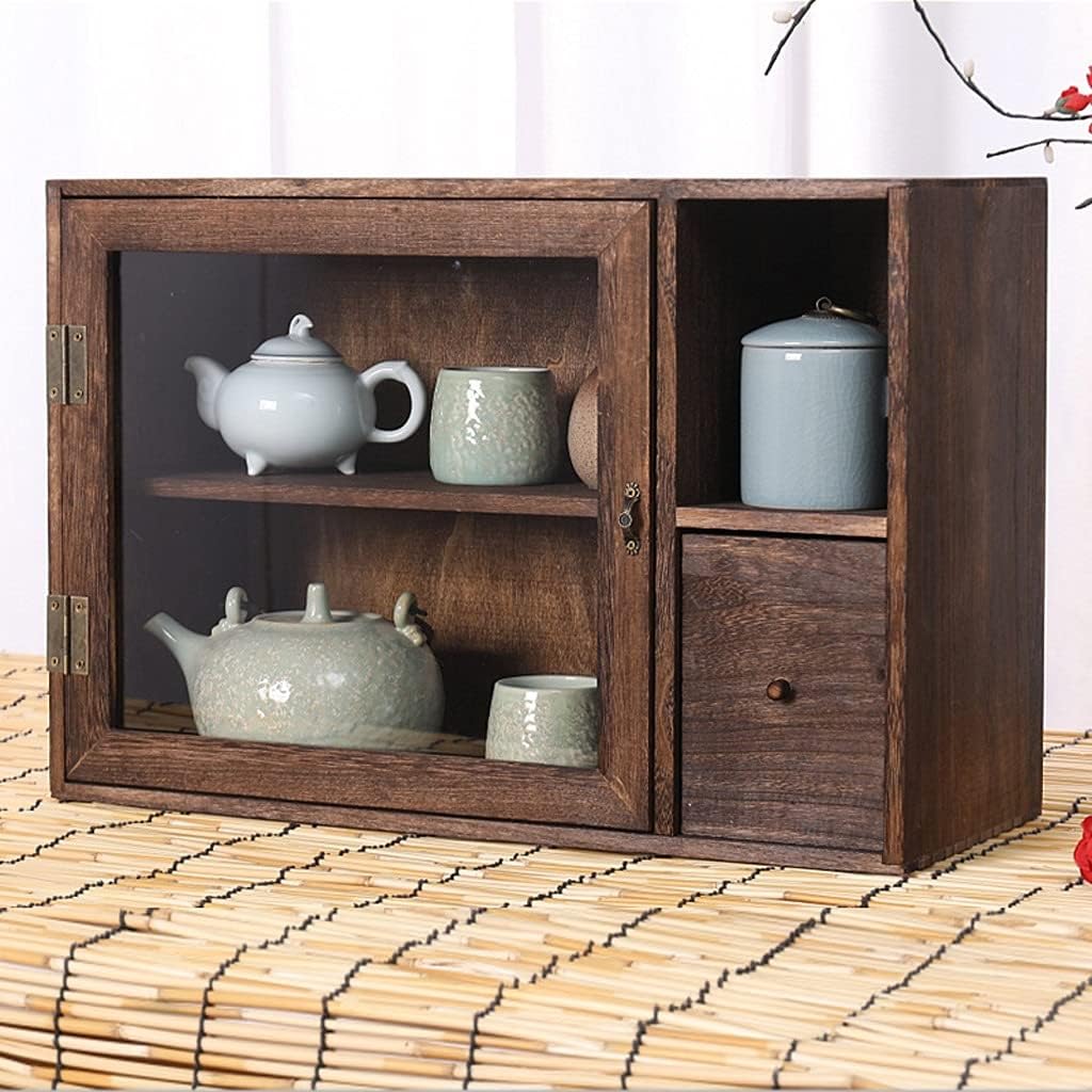 Solid Wood Dustproof Glass Desktop Storage Box Teapot Cosmetic Stationery Rack Tea Set Storage Cabinet Student