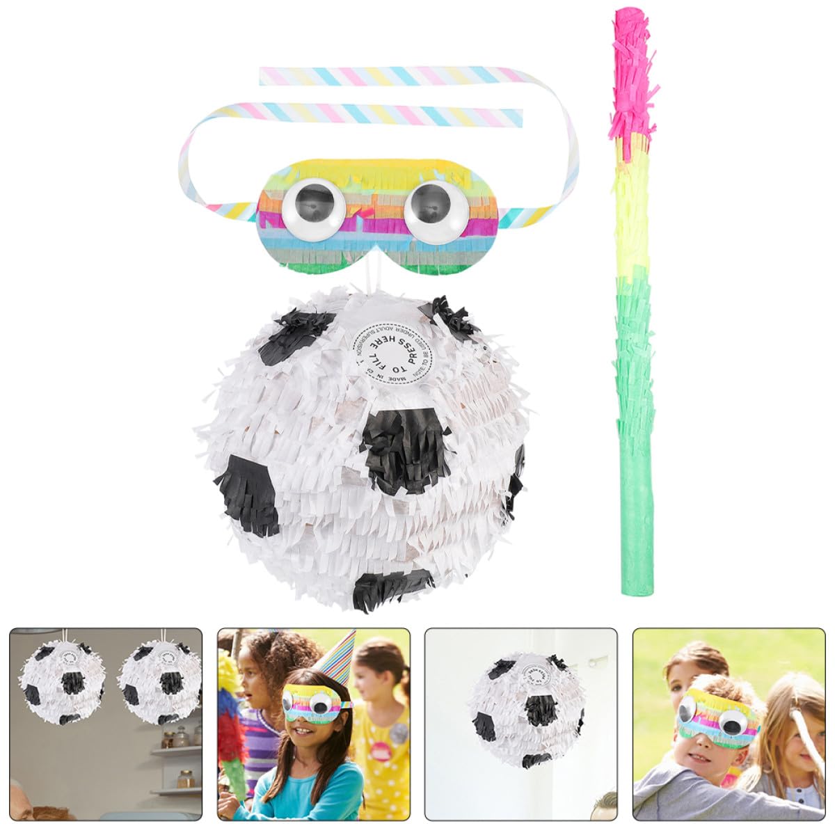 Piñata de Fútbol para Fiesta Infantil con Palos y Venda, Material de Papel Resistente, Crea Ambiente Alegre y Decoración Creativa para Celebraciones