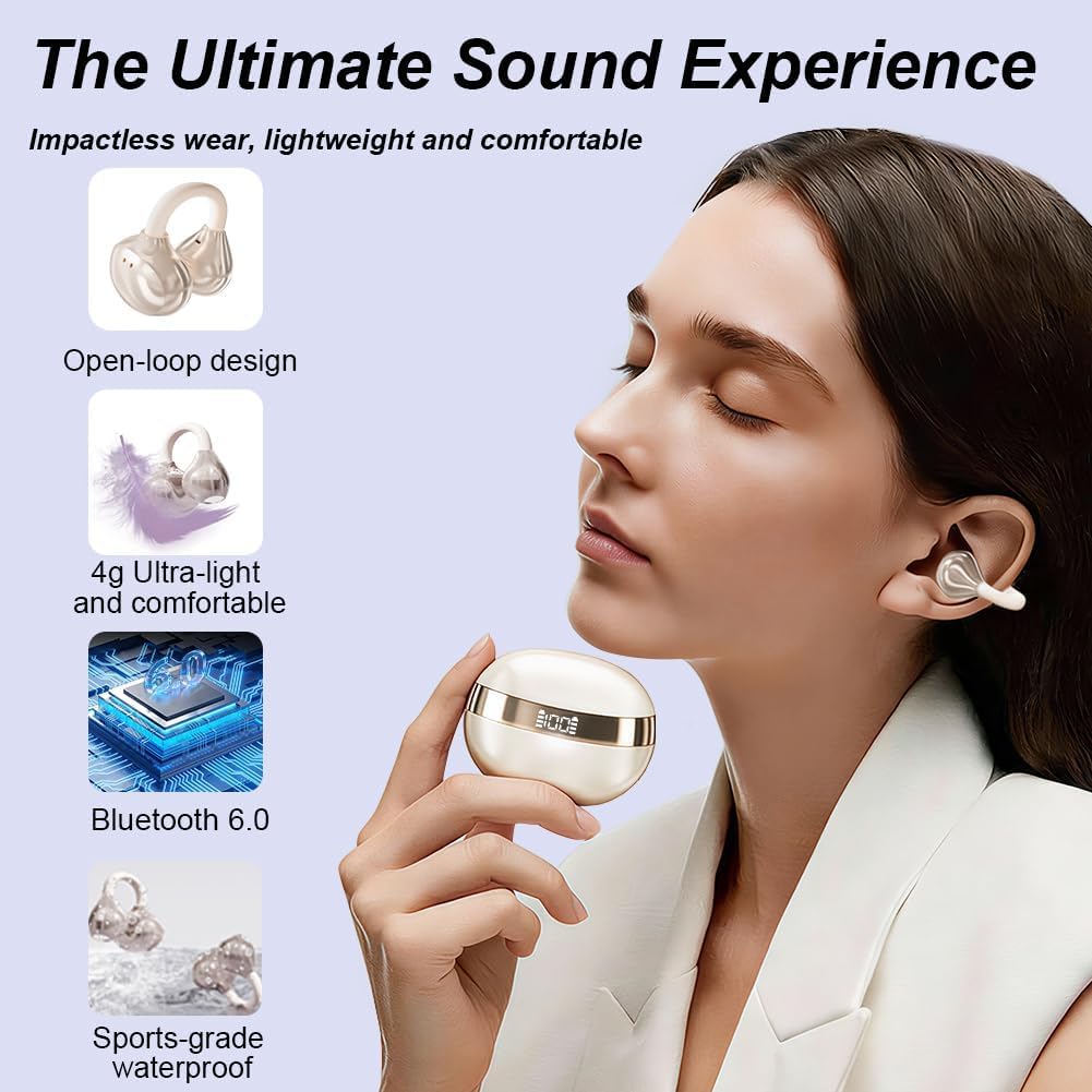 Clip-on Open-Ear Bluetooth-Kopfhörer Wireless,Bluetooth 6.0,60 Stunden Ultra-Lange Akkulaufzeit,Komfortabel & Schmerzfrei,Ideal für Sport, Büro & Fitness,Wollweiß