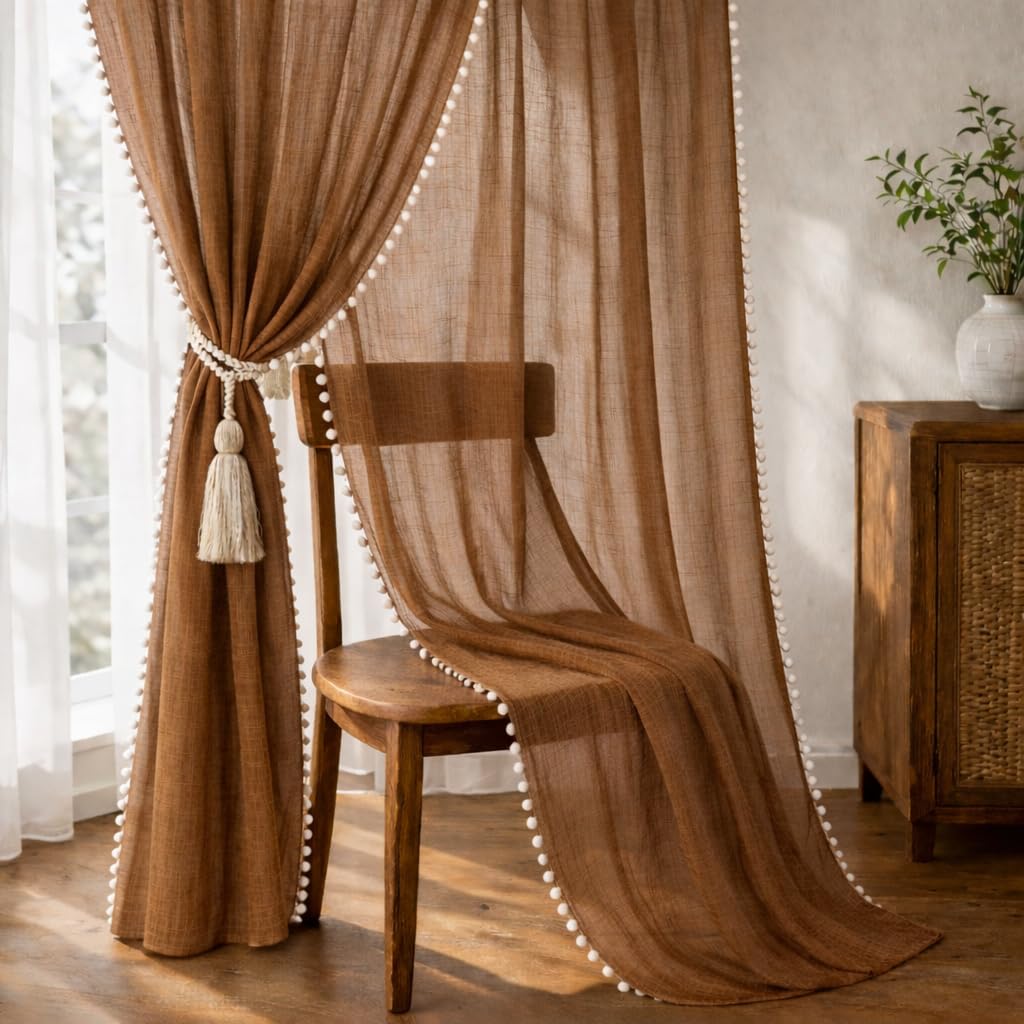 THE LINEN COMPANY Cotton Curtains Sheer Net Curtains with Pom Pom Lace Rod Pocket Window Curtains Light Filtering Curtains for Window Curtains Living Room Brown 8 Ft Pack of 2