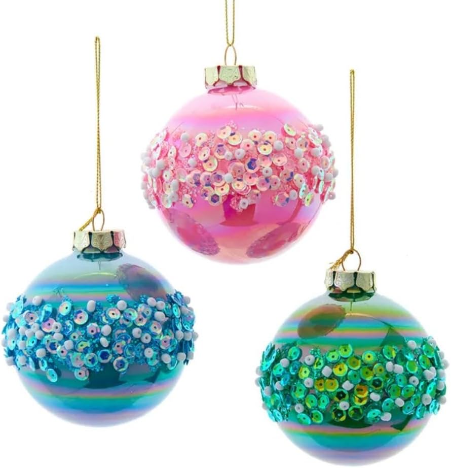 Kurt Adler 80MM Glass Pink, Blue & Green Glittered Ball Ornaments, 6-Piece Box