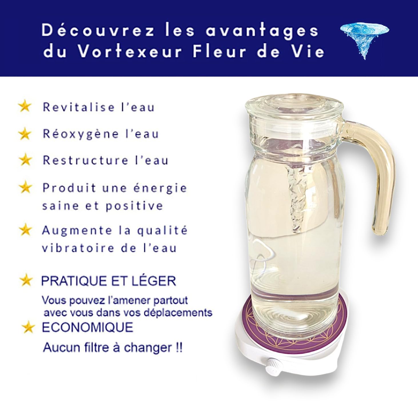 Jarra Vortex Dynamizante con tecnología de flor de vida, dinamizador de agua de Vortex, ideal para ósmosis inversa y filtros de carbón