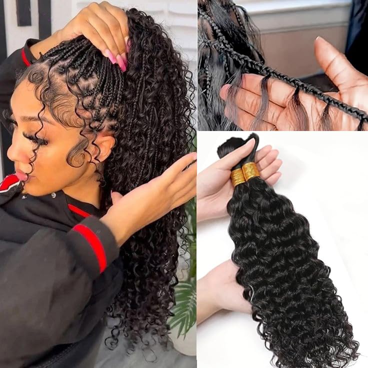 Boho Hair for Braiding 30 Inch Deep Curly Human Hair for Bohemian Knotless Braids 2 Bundles 100g Deep Wave Bulk Micro Braiding Hair