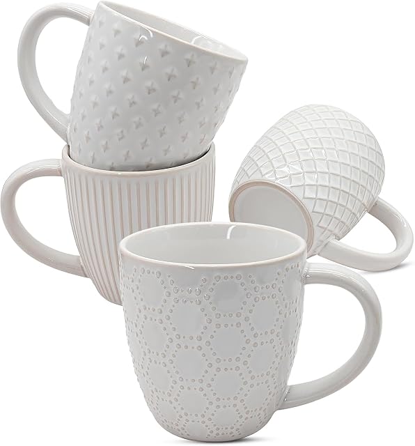 Tasses à café en céramique embossée 4-420mL Micro-ondes & Lave-vaisselle Coffre-fort blanc fait main tasses de café pour Latte Cappuccino Cocoa - Cadeau de mariage chaud à la maison