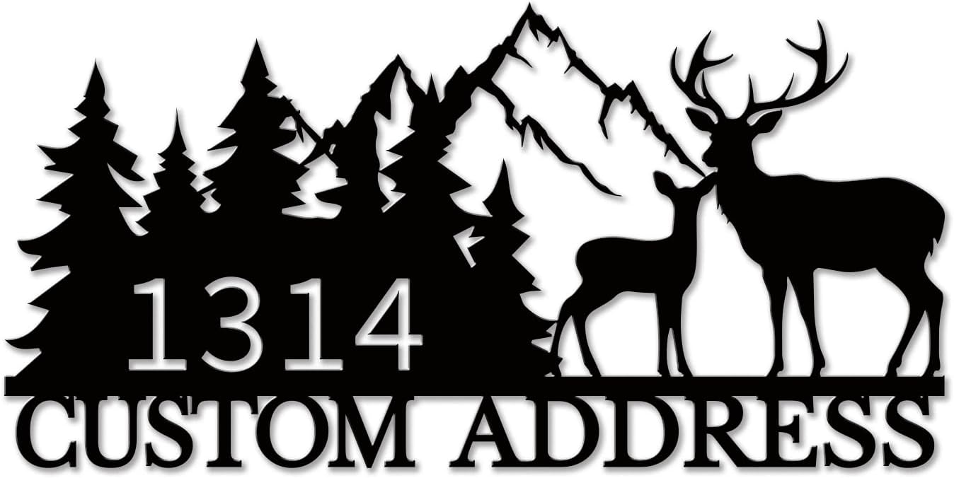 Personalized Deer Metal Address Sign, Custom House Number Plaque with Forest Scene, Rustic Lodge Decor for Cabin, Porch and Garden Entry (Style-1)