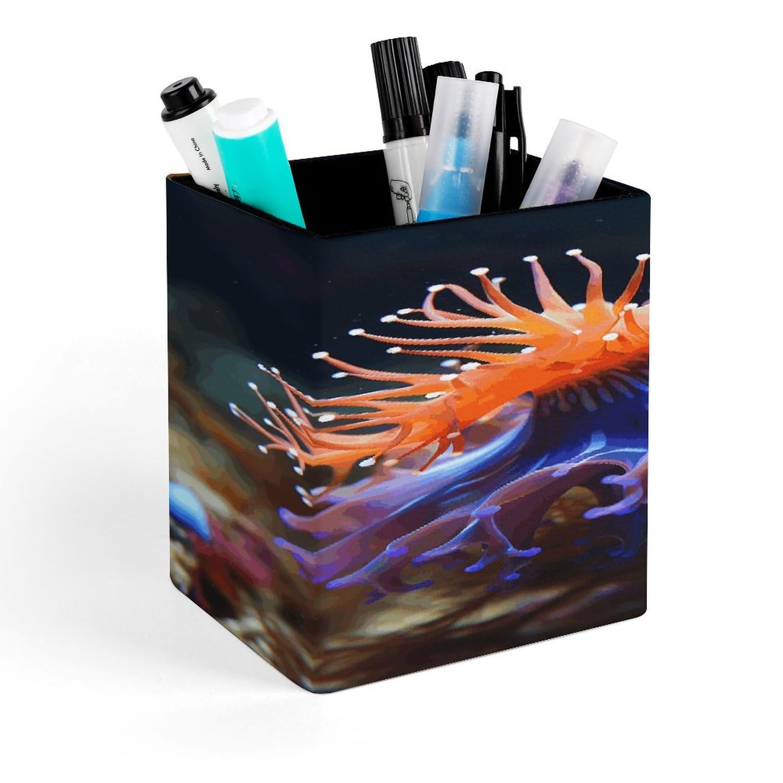 FekiLoot Nudibranch Pencil Holder for Desk Square Leather Pen Holder Cup Desktop Organizer Multi-Functional Pencil Cup Holders Modern Decorative Desk Organizer Caddy Makeup Brush Holders