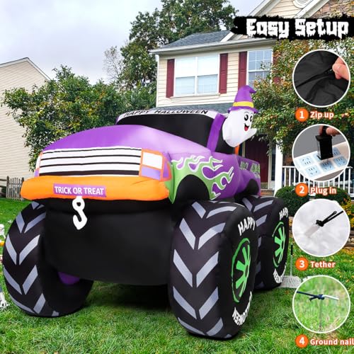 Image of GOOSH 8 FT Long Halloween Inflatables Monster Truck Outdoor Decorations Blow Up Yard Cute Ghost with Pumpkin on Truck Car with Built-in LEDs for Garden Lawn Indoor Party Decor