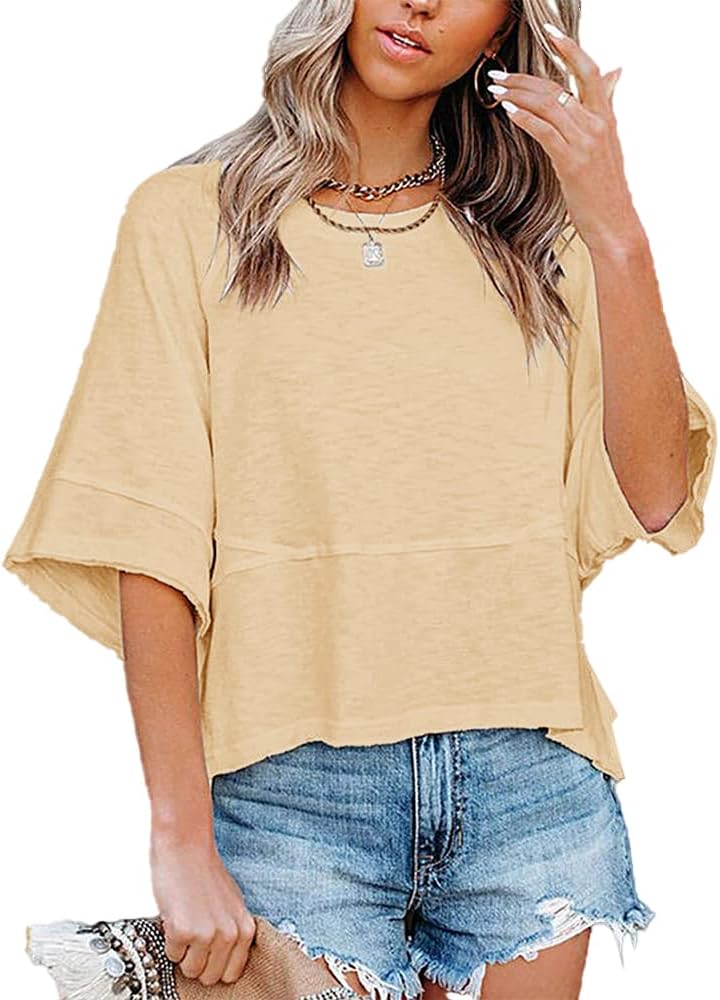 Women's Summer Casual Crewneck Batwing Half Sleeve T-Shirts Solid Color Loose Fit Cute Basic Flowy Tops Tees Blouses - Image 2